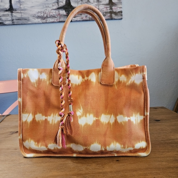 Vince Camuto Orla 100% Cotton Double Handle Tote Rusty Orange Tie Dye - Picture 2 of 11
